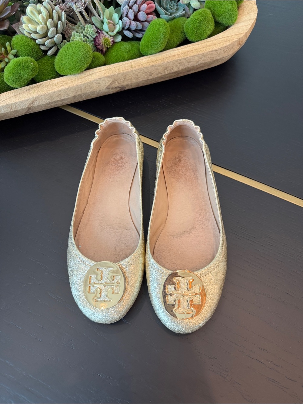 Tory Burch Metallic Gold Logo Ballet Flats